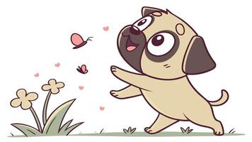 A cartoon pug dog with butterflies in the background vector