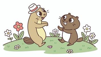 Two ground squirrels are playing in the grass vector