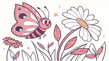 A cartoon butterfly and daisy are in the grass vector