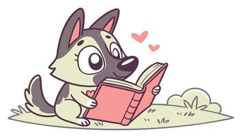 A cartoon dog reading a book with hearts vector