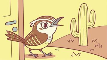 A cartoon bird standing in front of a door and a cactus vector