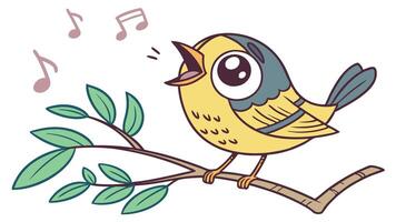 A cartoon bird singing on a branch with music notes vector