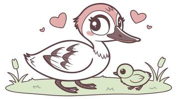 A cartoon duck with a baby duck in the grass vector