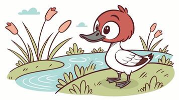 Cartoon duck standing on the riverbank with grass and flowers vector