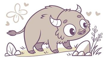 A cartoon bison standing in the grass with hearts around it vector