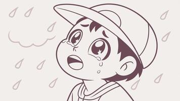 A cartoon boy crying in the rain vector