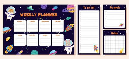 Space animals. Weekly planner, to do list, goals and notes. Set with space elements and animals astronauts. vector