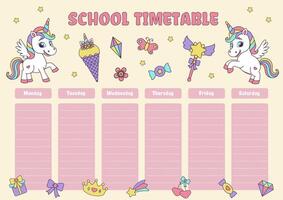 School timetable. Unicorn concept. Timetable with magic elements and unicorns. vector