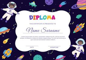 Space diploma with space elements and children astronauts. vector