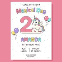 Unicorn invitation. Birthday party invitation card with unicorn and birthday anniversary number. vector