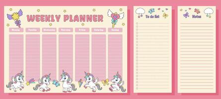 Unicorn set of weekly planner, to dolist and notes. Planners with magic elements and unicorns. vector