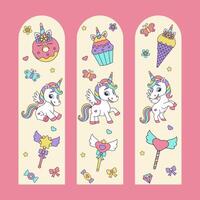 Unicorn set of bookmarks. Bookmarks with magic elements and unicorns. vector