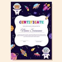 Space animals. Certificate with space elements and animals astronauts. vector