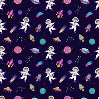 Space seamless pattern with space elements and children astronauts. vector