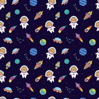 Space animals. Seamless pattern with space elements and animal astronaut lion. vector