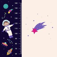 Space height chart for children with space elements and girl. vector