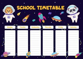 Space animals. School timetable with space elements and animals astronauts. vector