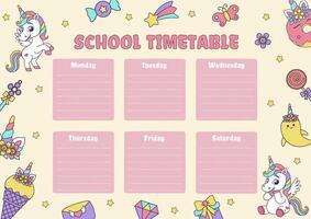 Unicorn school timetable. Timetable with magic elements and unicorns. vector