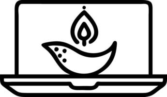 Glossy laptop with holographic Diwali diya and peacock feather offering spacious copy space on a white balance vector