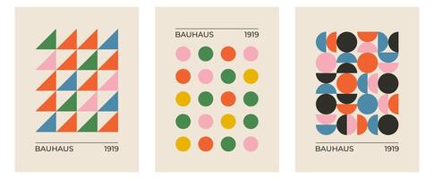 Set of trendy modern abstract geometric bauhaus posters with circle, square line shape. Minimalistic print for wall art decoration, postcard or brochure cover design in retro style art vector