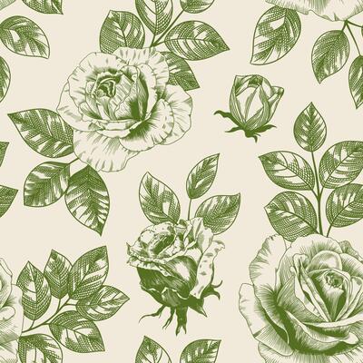 Abstract modern floral seamless pattern with hand drawn flower in Toile de jouy style. Retro elegance repeat print. Vintage design for fabric, wallpaper or wrapping