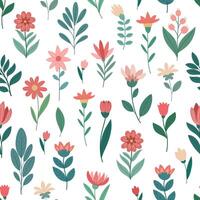Spring flowers seamless pattern. Delicate red and pink flowers in flat style. vector