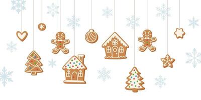 Hanging gingerbread Christmas banner. Gingerbread cookies on strings hanging on snowy background. vector