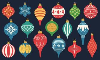 Retro Christmas ornaments and baubles. Christmas balls and decorations of different shapes and sizes with patterns. Vintage decorations for the Christmas tree. vector