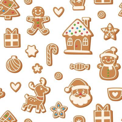 Christmas gingerbread seamless pattern. Background of gingerbread men, houses, Christmas trees and other shapes.