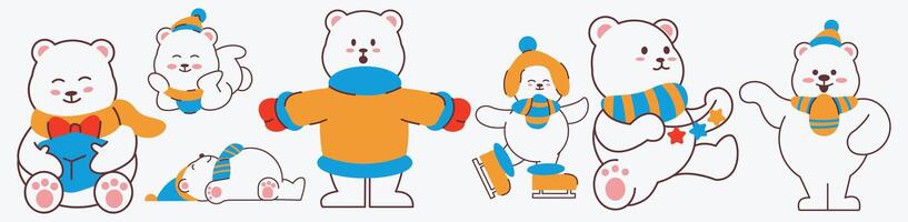 A series of cartoon polar bears are shown in various poses vector