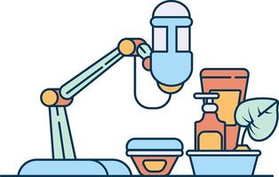 A microphone is on a table with a bottle of lotion and a bottle of shampoo vector