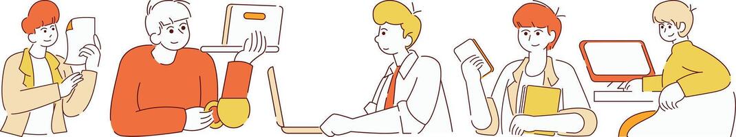A group of people are sitting at a table with laptops and cell phones vector
