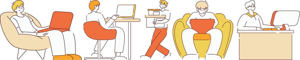 A series of people are shown in various positions, some sitting vector