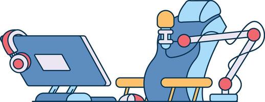 A cartoon drawing of a robot with a microphone and a computer monitor vector