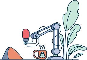 A microphone is on a table next to a mug with a tree on it vector