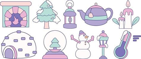 A collection of winter-themed icons, including a snowman, a snow globe, a teapot vector