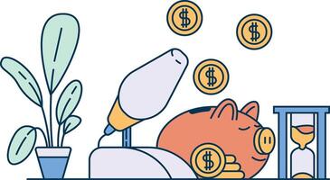 A cartoonish drawing of a piggy bank with a bunch of coins in it vector
