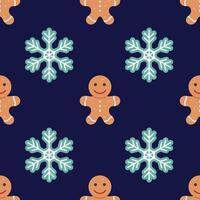 Gingerbread men, snowflakes seamless pattern. Christmas or New Year background. Festive baked cookies, flat design, doodle style. vector