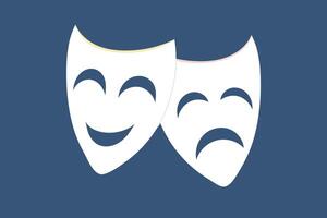 Classic theater masks depicting comedy and tragedy on a solid blue background symbolizing drama and performance vector