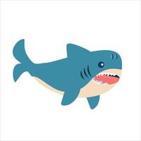 Cute cartoon shark illustration with blue body and sharp teeth on white background. Marine Life Set. Ocean animal illustration vector