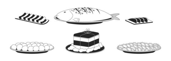 Chinese New Year foods black and white 2D line objects set vector
