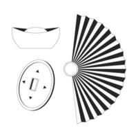 Chinese New Year symbols of prosperity black and white 2D line objects set. Sycee yuanbao, feng shui coin, asian fan isolated clip arts outline items collection. Monochrome spot illustrations vector