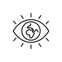Global vision icon. Simple outline style. Eye with the earth in place of the iris, earth, world, globe, ecology, business concept. Thin line symbol. Illustration isolated. vector