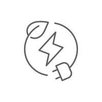 Green eco energy icon. Simple outline style. Clean power, transition, lightning in circle with plant leaf and plug, renewable concept. Thin line symbol. Illustration isolated. Editable stroke. vector