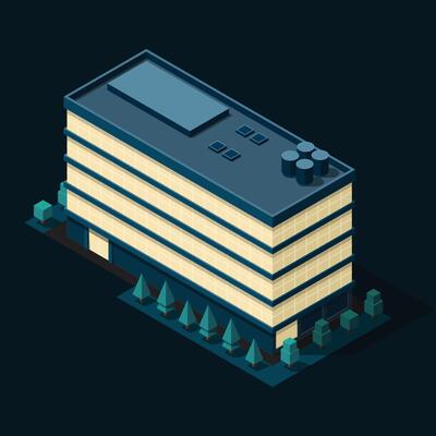 Isometric city building at night. Isometric modern building. Skyscraper building or business office. illustration
