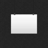 Paper hanging on clip. Poster mockup with white frame. Poster hanging on rope with clips. Realistic empty banner. illustration vector