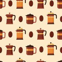 Seamless pattern with coffee brewing tools and coffee beans in flat style. Background for print, fabric, cover, banner, poster vector
