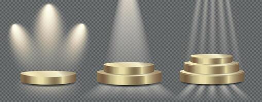 Set of three golden podium with different light. for product display, black friday, advertising banners, promotions and presentations. Design for premium events vector
