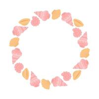 Round frame with hand drawn pink and beige seashells. Template for print, fabric, greeting card and invitation. vector