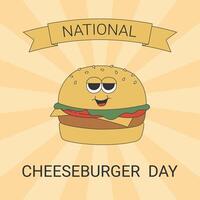 National Cheeseburger Day with groovy hippie burger. Banner template with cartoon character in trendy retro style. vector